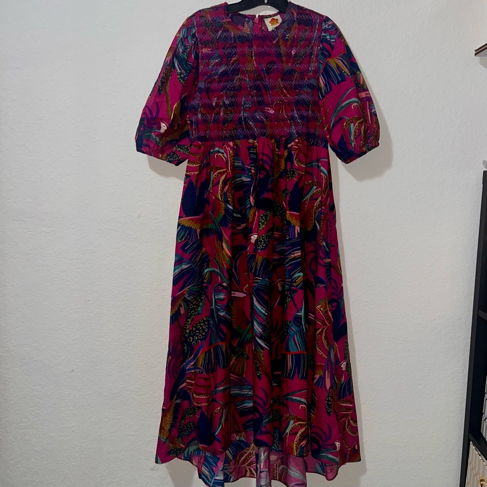 FARM Rio Rainbow Macaws Smocked Puff Sleeve Midi Dress - Picture 3 of 9